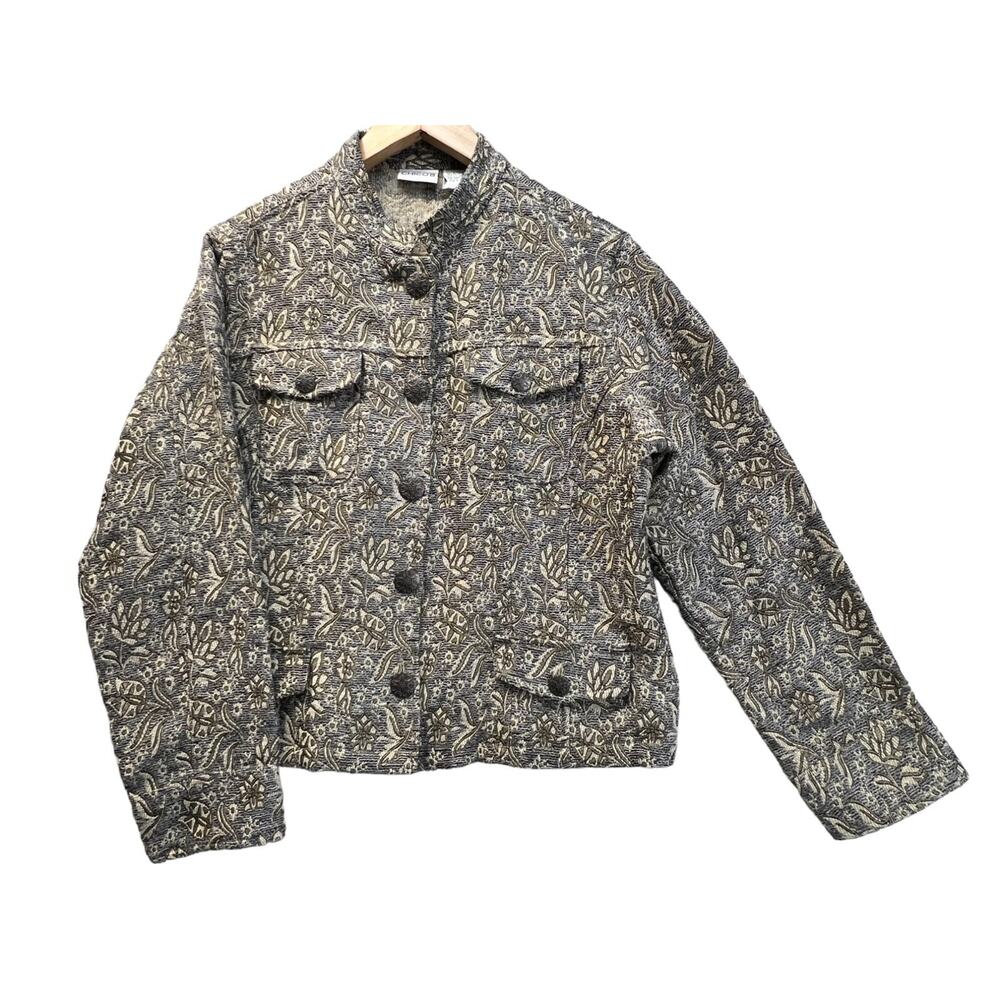 Chicos Womens Tapestry Blazer Jacket Beige Brown Floral Retro Boho Sz 2 Cottage